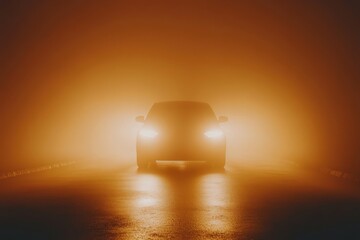 Mysterious Car in Foggy Environment with Illuminated Headlights, Creating an Atmospheric Scene of Darkness and Light on a Lonely Road