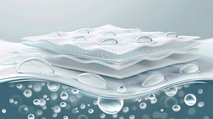 A sanitary absorbent fabric layer depicts the pad with a cotton surface, allowing water droplets to flow through, exhibiting hygroscopic properties. created with Generative AI technology