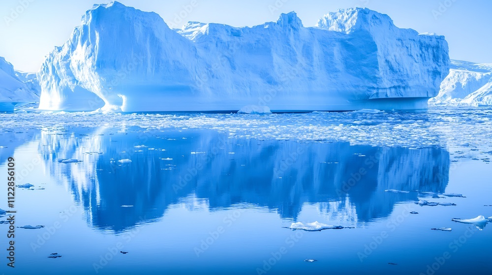 Poster reflective arctic iceberg luminously floating in clear blue ocean : generative ai