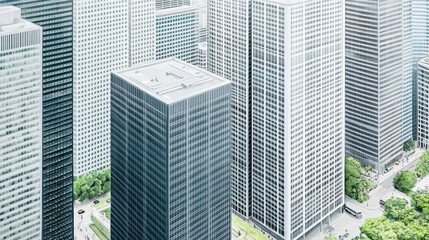 Obraz premium Aerial view of modern city skyscrapers, urban landscape with high-rise buildings, streets and green spaces.