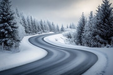 Curving Winter Wonderland Road in Snowy Evergreen Forest at Twilight : Generative AI