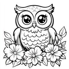 Fototapeta premium Adorable Cartoon Owl in Blooming Flowers - Black and White Line Art