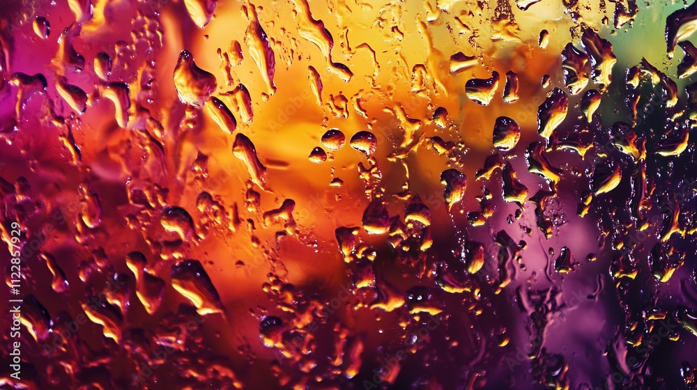 Poster wet glass with colorful rainy pattern of red and gold hues : generative ai