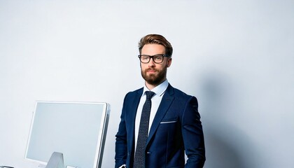 A businessman is standing on a white background. Portrait and half body. Illustrator background and...