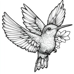 Fototapeta premium Elegant Hummingbird in Flight with Blossoms - Black and White Ink Drawing