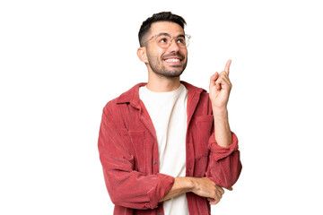 Young handsome caucasian man over isolated chroma key background pointing up a great idea