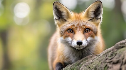 Fototapeta premium Closeup portrait of curious fox with blurred forest backdrop in sunlight : Generative AI