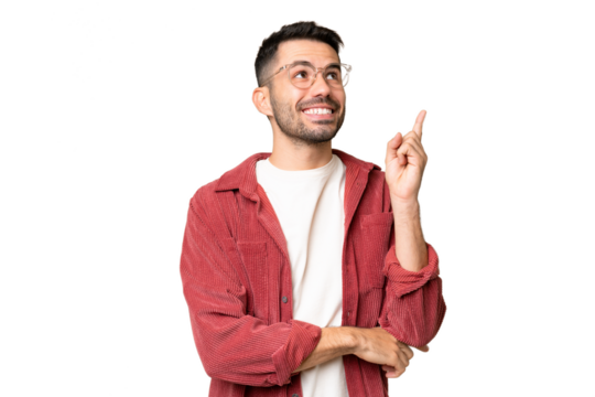 Young handsome caucasian man over isolated chroma key background pointing up a great idea