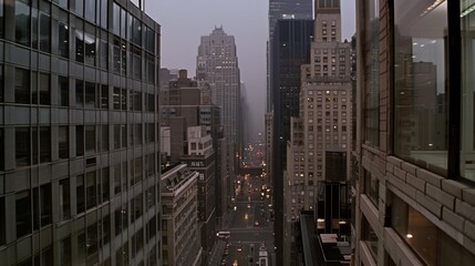 A bustling city street is framed by towering skyscrapers in a foggy twilight, evoking a sense of urban complexity and ceaseless movement.