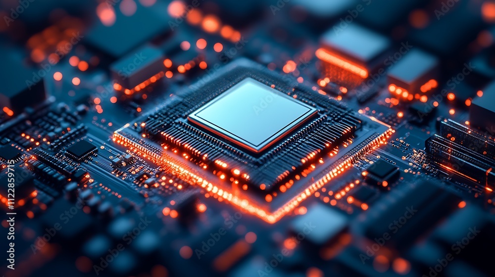 Aufkleber Detailed View of HighTech Circuit Board With Illuminated Central Processor : Generative AI