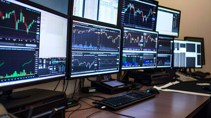 Naklejka premium Multiple computer screens displaying stock market charts and financial data.