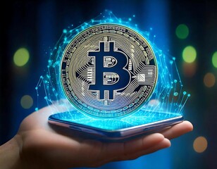 A futuristic concept of a hand holding a smartphone with a Bitcoin icon.