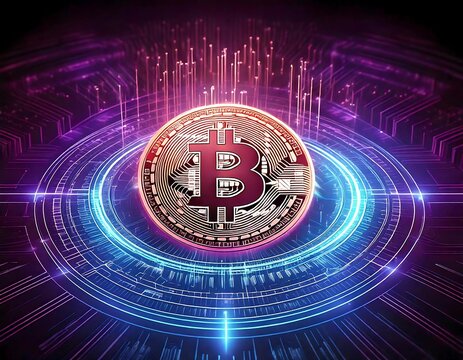 A glowing Bitcoin cryptocurrency coin hovers above a circuit board, surrounded by abstract digital elements. 