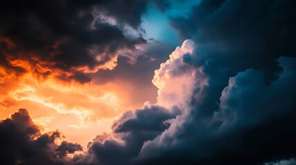 Obraz premium Magnificent Cloudscape with Deep Blue and Fiery Orange Glow During Magical Sunset : Generative AI