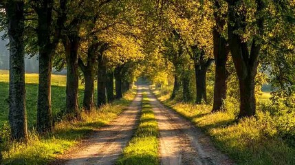 Picturesque TreeLined Country Road with Sunlight Piercing Through Leaves in Autumn : Generative AI