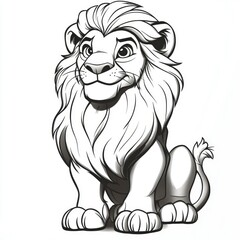 Obraz premium Adorable Cartoon Lion Cub Illustration - Black and White Line Art