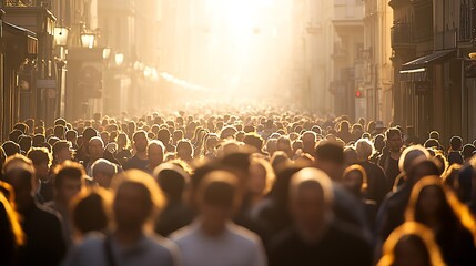 Obraz premium Bustling Morning City Street with Dense Crowd and Bright Sunshine Creating a Dynamic Atmosphere : Generative AI