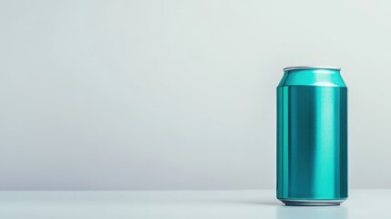 Metallic teal drink can on a minimalist table with soft lighting in a cozy setting
