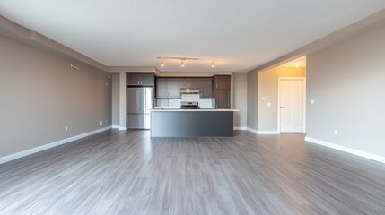 Modern empty apartment interior with kitchen island and hardwood floors.