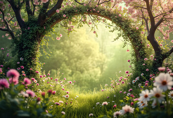 Beautiful enchanted landscape. Fantasy garden background. Magic meadow with spring blooming trees. Round frame with copy space in the middle. Fairy tale banner.
