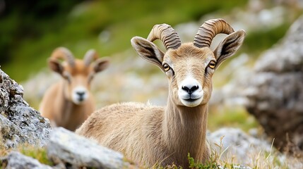 Two Mouflon Sheep Grazing Among Rocky Mountain Terrain : Generative AI