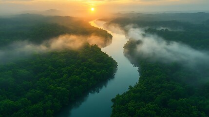 Fototapeta premium Aerial view of a winding river through lush, misty forests at sunrise. Perfect for nature and tranquility themes.
