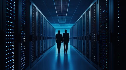 Network technicians collaborate in a data center after hours to resolve technical issues