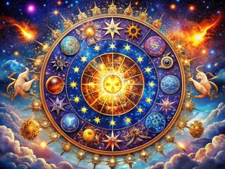 Obraz premium Cosmic Zodiac Greeting Card Set Featuring Celestial and Astral Symbols in a Stunning Aerial Photography Style with Vibrant Colors and Artistic Designs