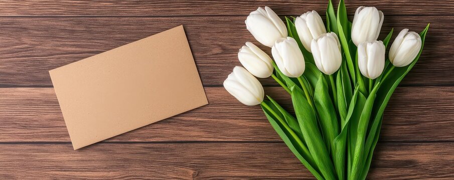 Close up of a sympathy card placed beside a bouquet of white tulips, symbolizing messages of love, support, and the process of closure, 3D render
