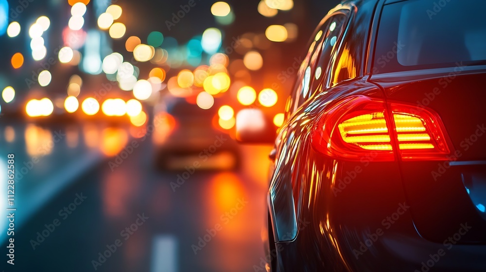 Poster nighttime city street with car tail lights blurred by motion creating vibrant bokeh effect : generat
