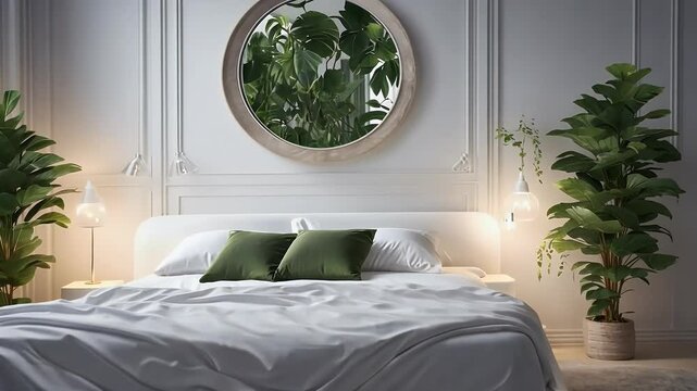 interior adboard 4k design video sleep foreground white modern furniture pillow plant home luxury decoration mirror bed mattress comfortable