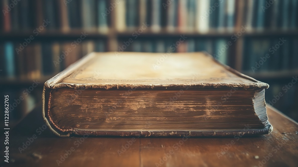 Aufkleber closeup of a vintage book on a wooden library desk with blurred bookshelves in the background : gene
