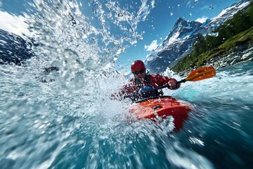 Naklejka premium Kayaker navigating river rapids