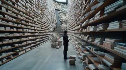 A vast library with towering, curved bookshelves filled with books, creating a labyrinthine wonderland of knowledge and a serene study atmosphere.