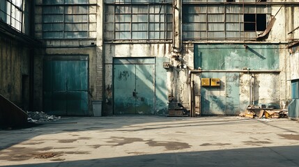 Fototapeta premium Abandoned Industrial Facility with Weathered Doors and Grunge Concrete Urban Atmosphere : Generative AI