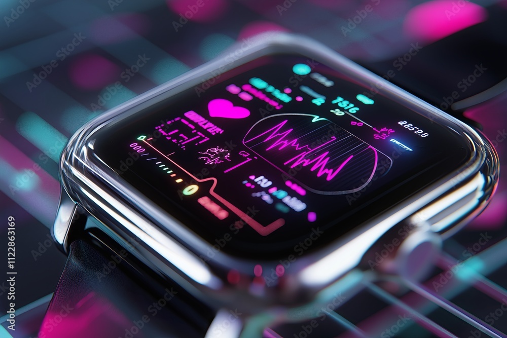 Poster A smartwatch with a glowing futuristic interface displaying health data in vibrant colors.