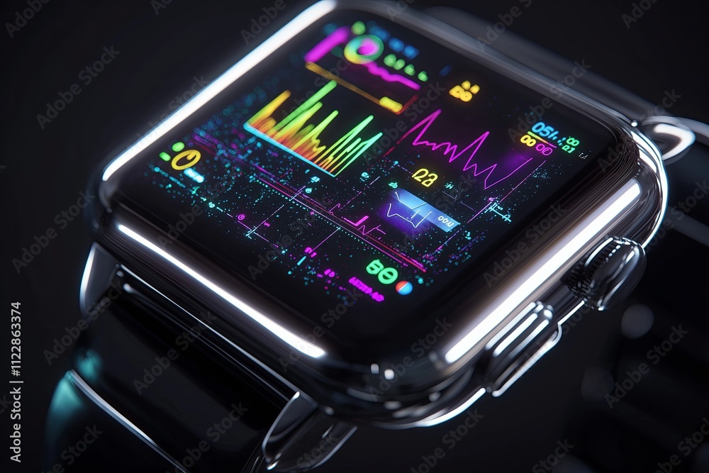 Poster A smartwatch with a glowing futuristic interface displaying health data in vibrant colors.