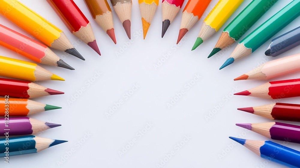 Poster assorted colorful pencils forming a semicircle on white background for creativity themes : generativ