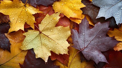 Colorful Autumn Maple Leaves with Sparkling Raindrops and Rich Hues : Generative AI