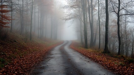 Fototapeta premium Autumn Road Lined with Bare Trees in Foggy Forest Pathway : Generative AI