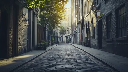 Obraz premium Sunlit Cobblestone Alleyway with Greenery on Quiet Urban Street : Generative AI