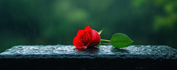 Soft rain falling on a gravestone surrounded by fresh flowers, symbolizing the bittersweet beauty of grief, remembrance, and closure