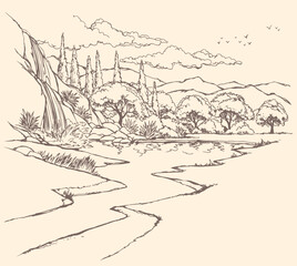 Obraz premium Vector drawing. River in the valley