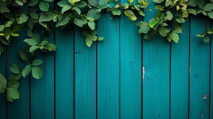 Green Leaves Draped Over a Turquoise Wooden Fence Outdoors in Nature : Generative AI