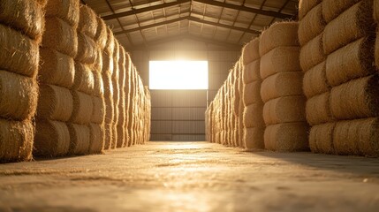 Sunlit barn interior featuring stacked hay bales creating a warm atmosphere