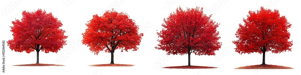 Wall mural set of vibrant red maple trees in full autumn bloom isolated on transparent background