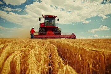 Obraz premium Workers harvesting crops with machinery