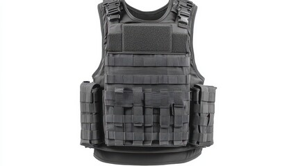 Dark gray tactical vest with modular attachments.