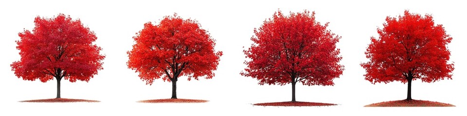 Set of Vibrant Red Maple Trees in Full Autumn Bloom Isolated on Transparent Background