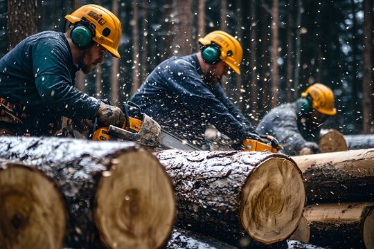 Lumberjacks cutting trees in forest
